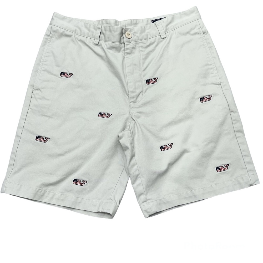 VINEYARD VINES EMBROIDERED AMERICAN FLAG WHALE TWILL CLUB SHORTS CREAM/STONE